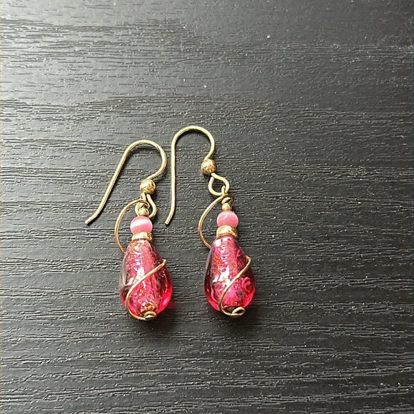 Pink Glass Tear Drop Earrings - Picture 7 of 8